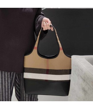 Women's Vintage Style Cowhide Bucket Bag New Plaid Fashion Leather with Cotton Lining Underarm Shoulder Lady Style Bag