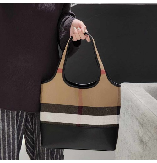 Women's Vintage Style Cowhide Bucket Bag New Plaid Fashion Leather with Cotton Lining Underarm Shoulder Lady Style Bag