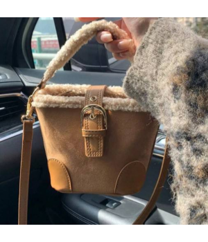 Women's Winter Fashion Single Shoulder Bag Retro Crossbody Bucket Bag Geometric Pattern Lamb Wool Mini Fashion Bucket Bag Autumn