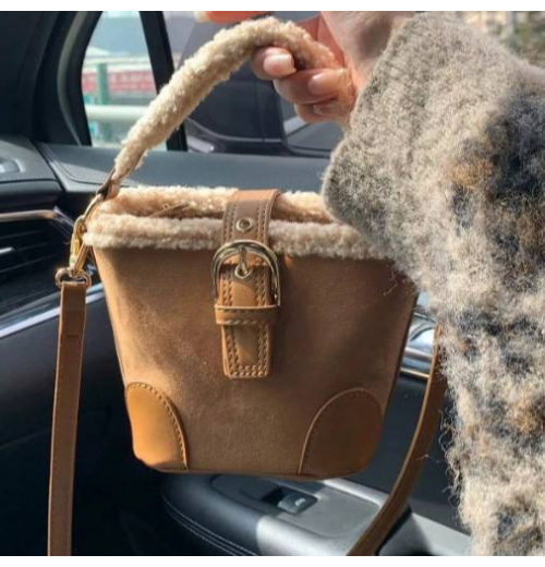 Women's Winter Fashion Single Shoulder Bag Retro Crossbody Bucket Bag Geometric Pattern Lamb Wool Mini Fashion Bucket Bag Autumn