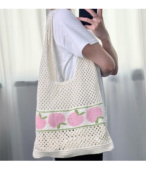 New Style Summer Fashion Beach Bag Hollowed Out Mesh Peach Knitted Crochet Tote Shopping Bags For Women