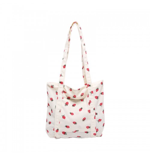 Women's Large-Capacity Shoulder Bag with Strawberry Print Design Versatile Simple Handbag Solid Color