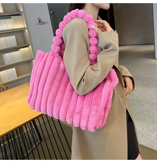 2024 New Women's Plush Korean Fashion Solid Color Large Capacity Tote Handbag Simple Shoulder Bag