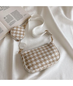 Vintage Plaid Fashion Shoulder Bags with Mini Round Pendant Purse - 2pc PU Lined Women's Crossbody Bag Set