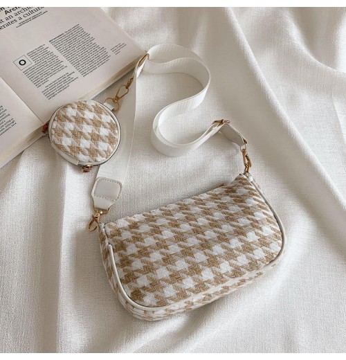 Vintage Plaid Fashion Shoulder Bags with Mini Round Pendant Purse - 2pc PU Lined Women's Crossbody Bag Set Vintage Plaid Fashion Shoulder Bags with Mini Round Pendant Purse - 2pc PU Lined Women's Crossbody Bag Set