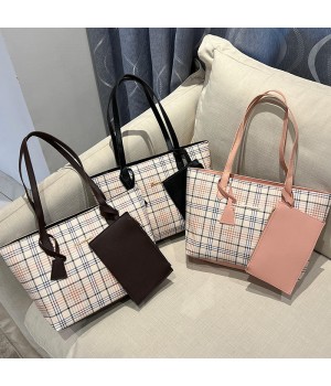 2024 Korean Style Plaid Printed Large Capacity Zip PU Shoulder Bag Ladies New Fashionable Autumn Women's Handbag Polyester Two