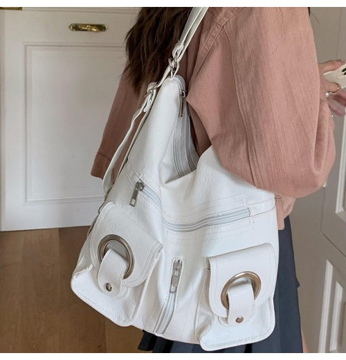 PU Leather Tote Bag Women Simple Personality All-Match Fashionable Single Shoulder Backpack With Zipper
