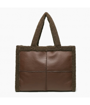 Women's Fashion Teddy Bag Sherpa And Pu Leather Splicing Tote Bag