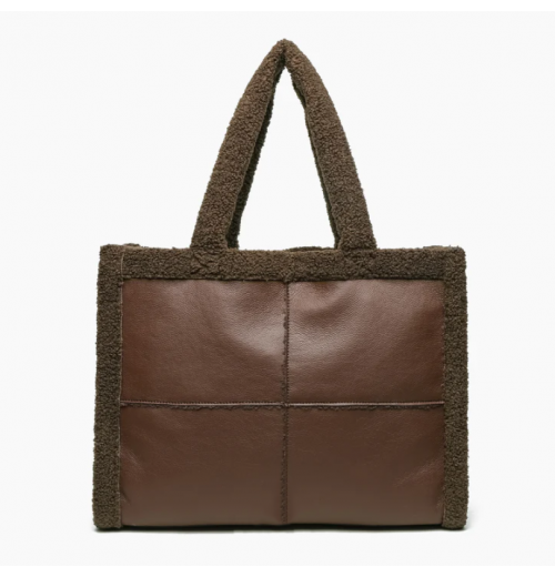 Women's Fashion Teddy Bag Sherpa And Pu Leather Splicing Tote Bag